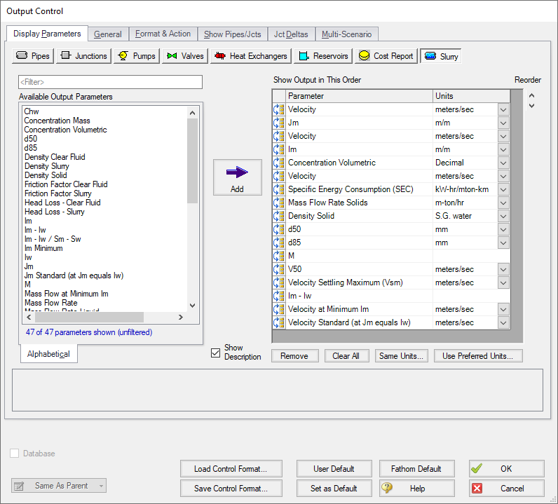 The Slurry output options in the Output Control window.